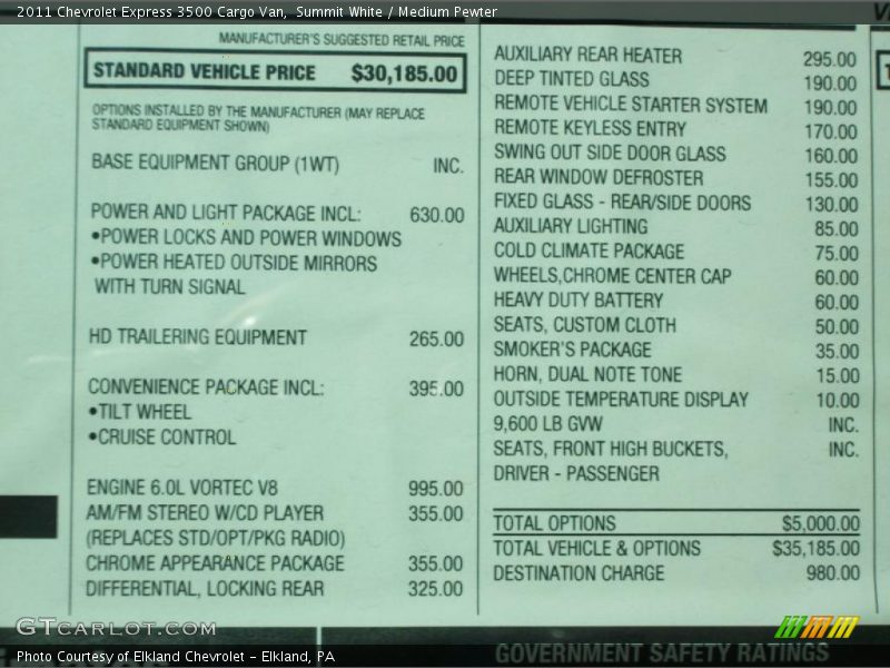  2011 Express 3500 Cargo Van Window Sticker