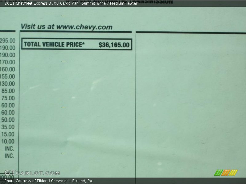  2011 Express 3500 Cargo Van Window Sticker