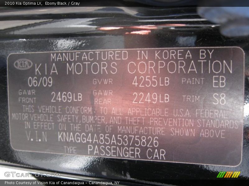 Ebony Black / Gray 2010 Kia Optima LX