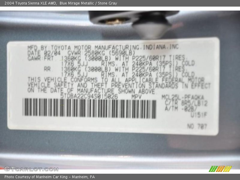 Blue Mirage Metallic / Stone Gray 2004 Toyota Sienna XLE AWD