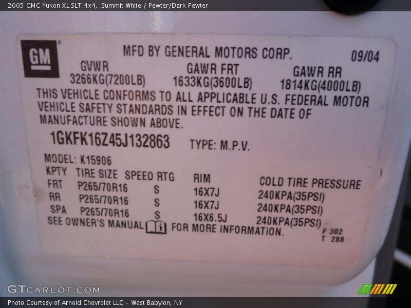 Info Tag of 2005 Yukon XL SLT 4x4