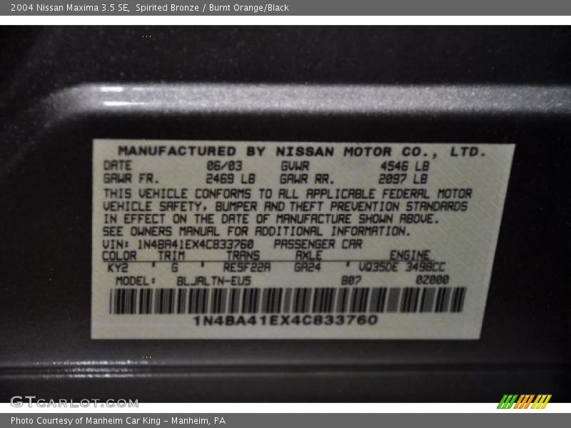 2004 Maxima 3.5 SE Spirited Bronze Color Code KY2