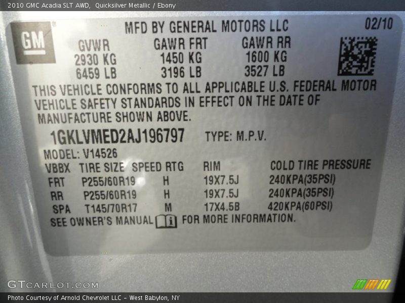 Info Tag of 2010 Acadia SLT AWD