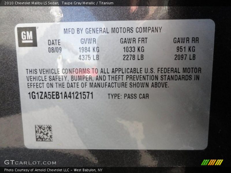 Info Tag of 2010 Malibu LS Sedan