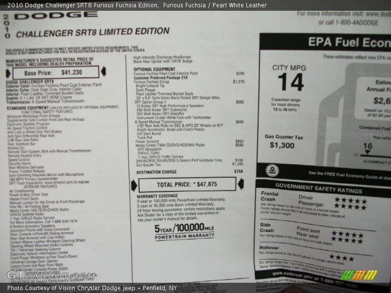  2010 Challenger SRT8 Furious Fuchsia Edition Window Sticker