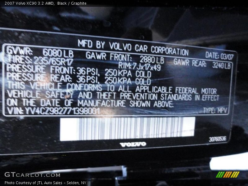 Info Tag of 2007 XC90 3.2 AWD