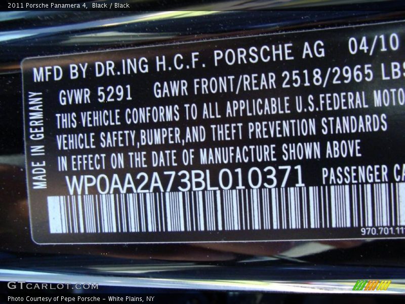Info Tag of 2011 Panamera 4