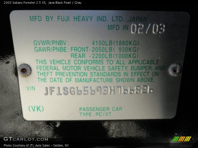 Info Tag of 2003 Forester 2.5 XS