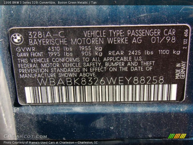 Info Tag of 1998 3 Series 328i Convertible