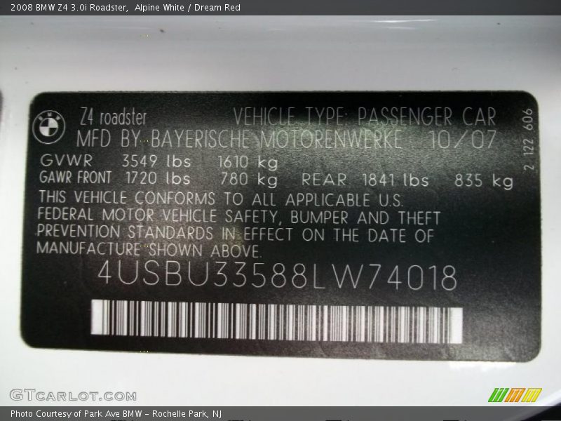Alpine White / Dream Red 2008 BMW Z4 3.0i Roadster