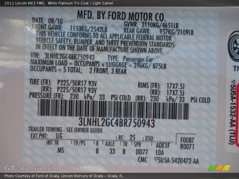 White Platinum Tri-Coat / Light Camel 2011 Lincoln MKZ FWD