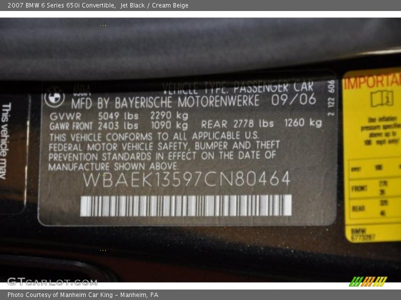 Jet Black / Cream Beige 2007 BMW 6 Series 650i Convertible