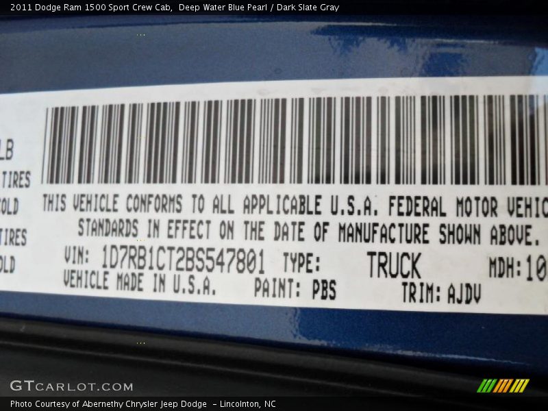 Deep Water Blue Pearl / Dark Slate Gray 2011 Dodge Ram 1500 Sport Crew Cab