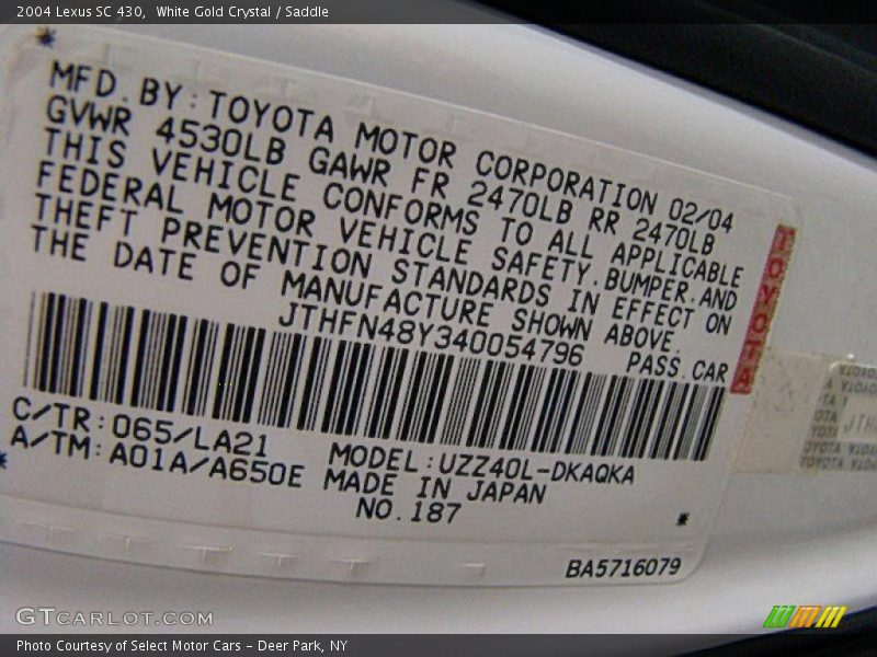 2004 SC 430 White Gold Crystal Color Code 065