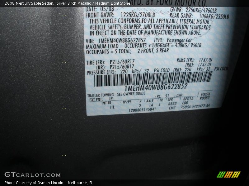 Silver Birch Metallic / Medium Light Stone 2008 Mercury Sable Sedan