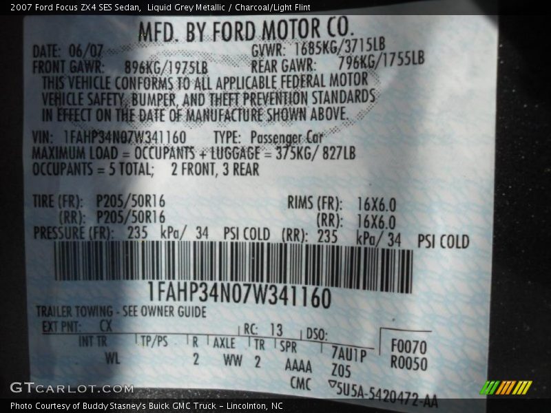 2007 Focus ZX4 SES Sedan Liquid Grey Metallic Color Code CX