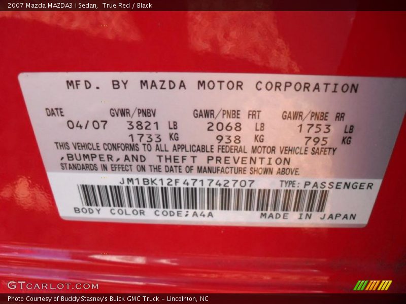 2007 MAZDA3 i Sedan True Red Color Code A4A