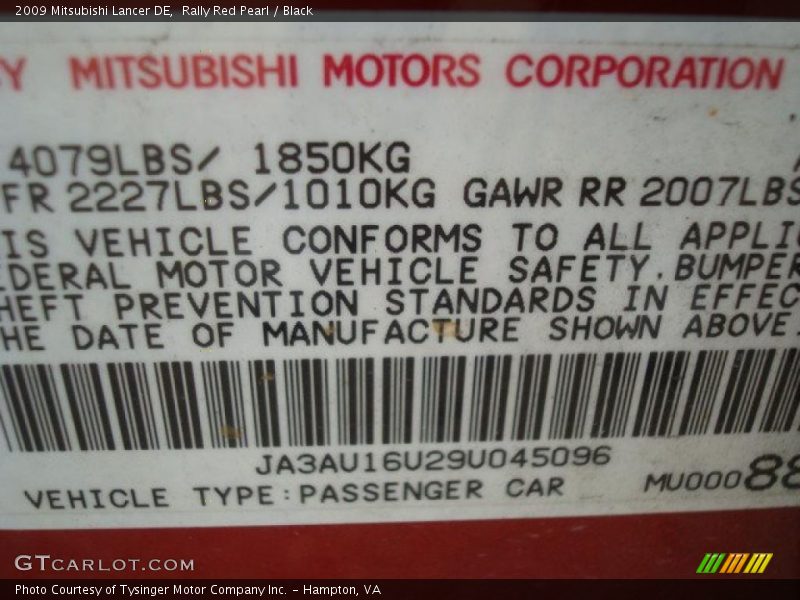 Rally Red Pearl / Black 2009 Mitsubishi Lancer DE