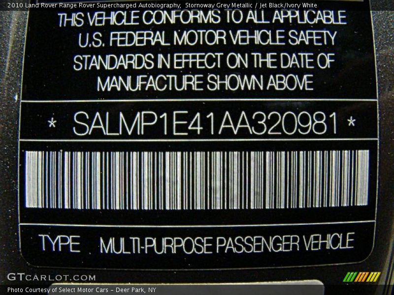 Info Tag of 2010 Range Rover Supercharged Autobiography