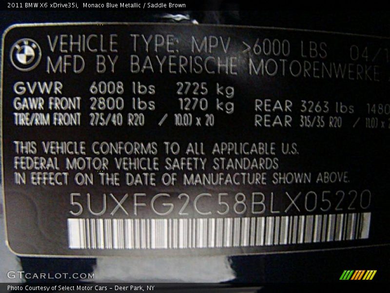 Info Tag of 2011 X6 xDrive35i