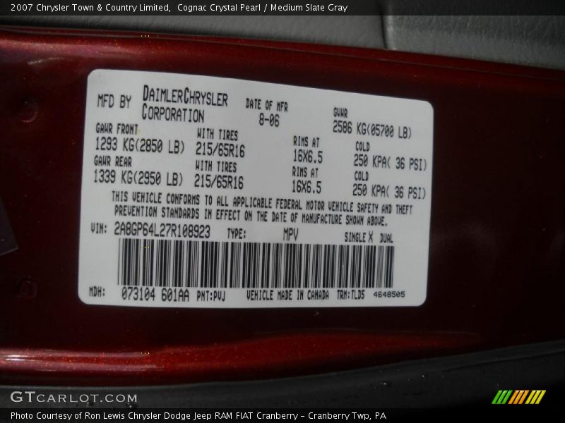 2007 Town & Country Limited Cognac Crystal Pearl Color Code PVJ