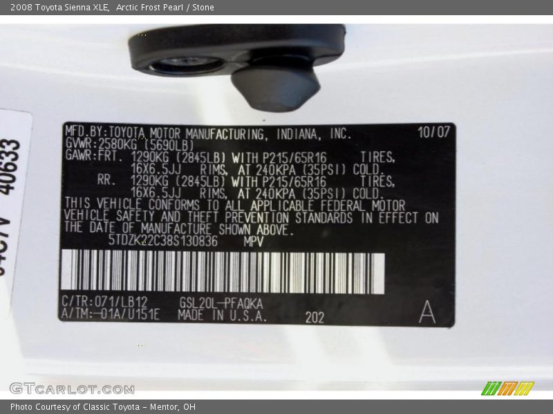 Arctic Frost Pearl / Stone 2008 Toyota Sienna XLE