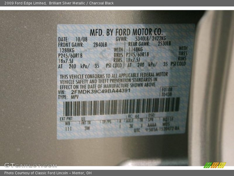 Brilliant Silver Metallic / Charcoal Black 2009 Ford Edge Limited