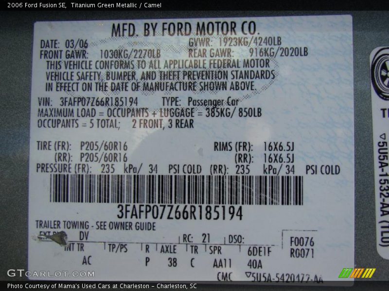 Titanium Green Metallic / Camel 2006 Ford Fusion SE