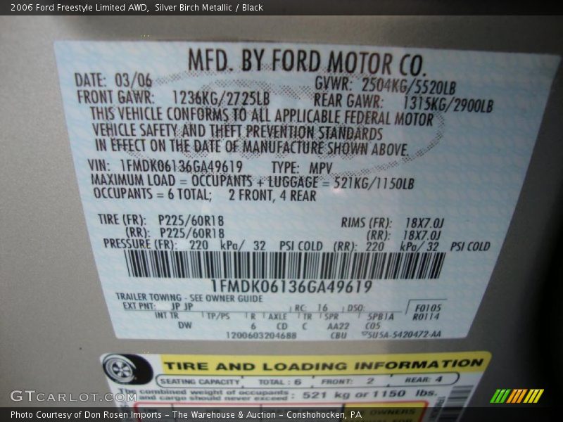 2006 Freestyle Limited AWD Silver Birch Metallic Color Code JP