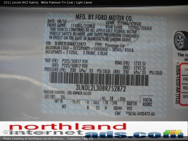 White Platinum Tri-Coat / Light Camel 2011 Lincoln MKZ Hybrid
