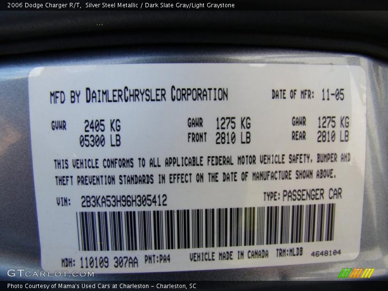 Silver Steel Metallic / Dark Slate Gray/Light Graystone 2006 Dodge Charger R/T