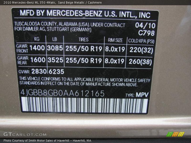 2010 ML 350 4Matic Sand Beige Metallic Color Code 798