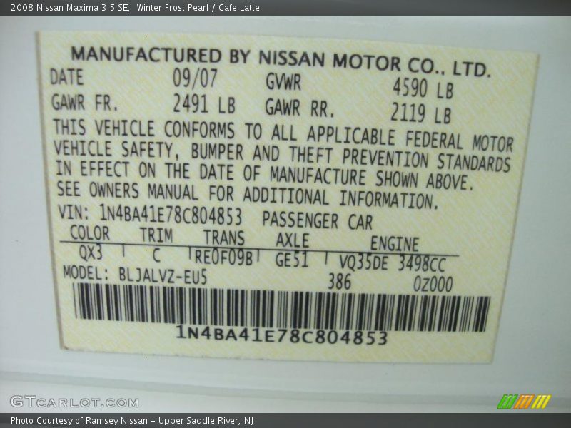 Winter Frost Pearl / Cafe Latte 2008 Nissan Maxima 3.5 SE