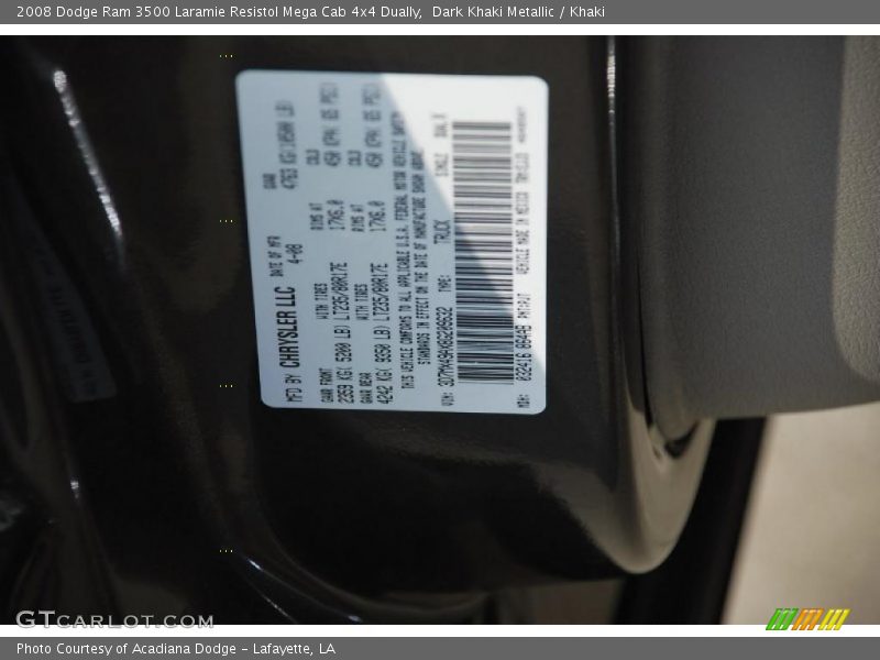 2008 Ram 3500 Laramie Resistol Mega Cab 4x4 Dually Dark Khaki Metallic Color Code PJT