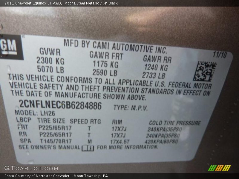 Info Tag of 2011 Equinox LT AWD