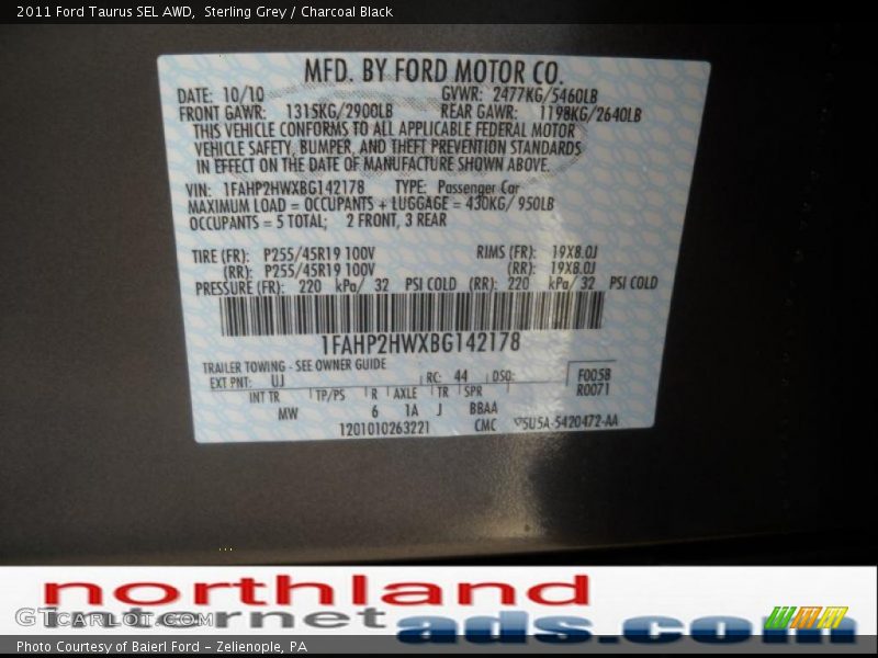 Sterling Grey / Charcoal Black 2011 Ford Taurus SEL AWD