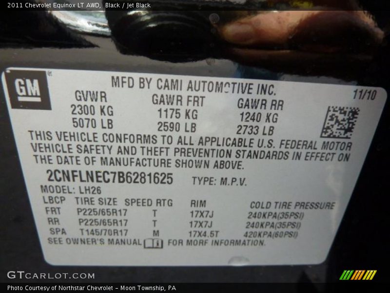 Info Tag of 2011 Equinox LT AWD