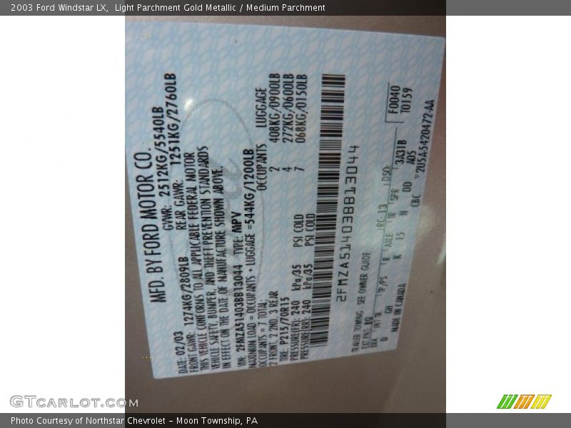 2003 Windstar LX Light Parchment Gold Metallic Color Code BQ
