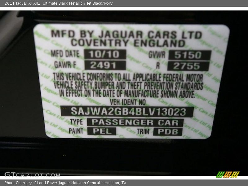 2011 XJ XJL Ultimate Black Metallic Color Code PEL