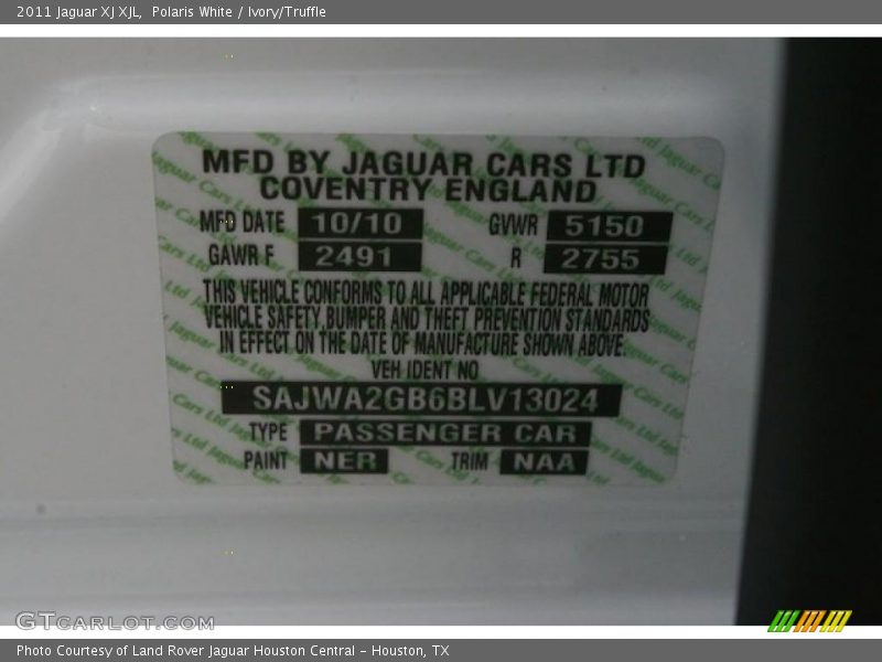 2011 XJ XJL Polaris White Color Code NER