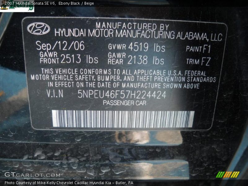 Ebony Black / Beige 2007 Hyundai Sonata SE V6