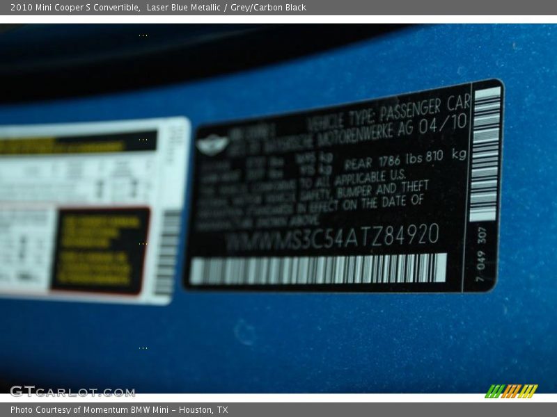 Laser Blue Metallic / Grey/Carbon Black 2010 Mini Cooper S Convertible