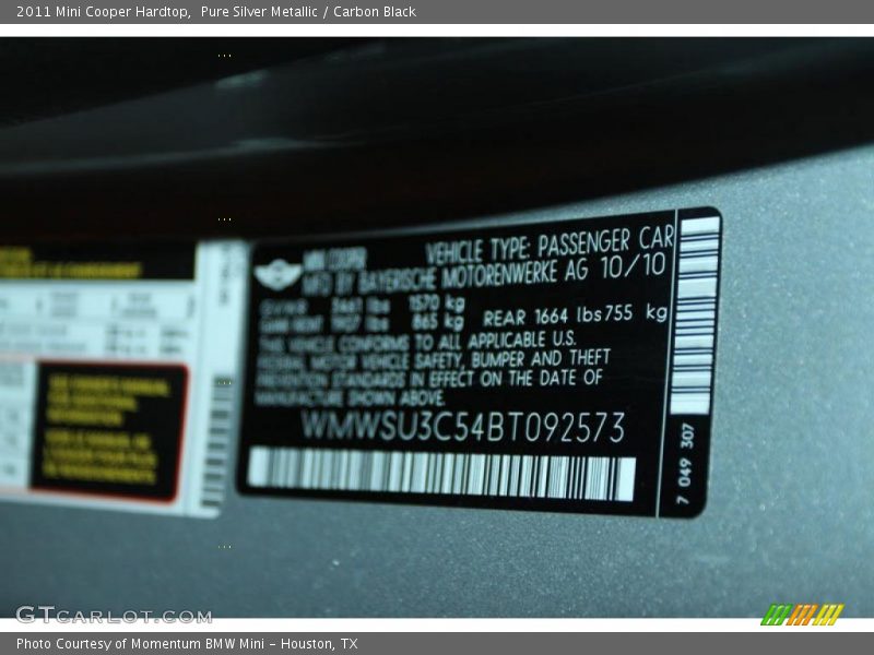 Pure Silver Metallic / Carbon Black 2011 Mini Cooper Hardtop