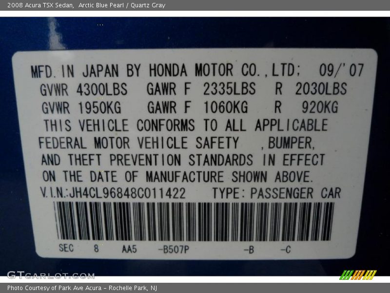 Arctic Blue Pearl / Quartz Gray 2008 Acura TSX Sedan
