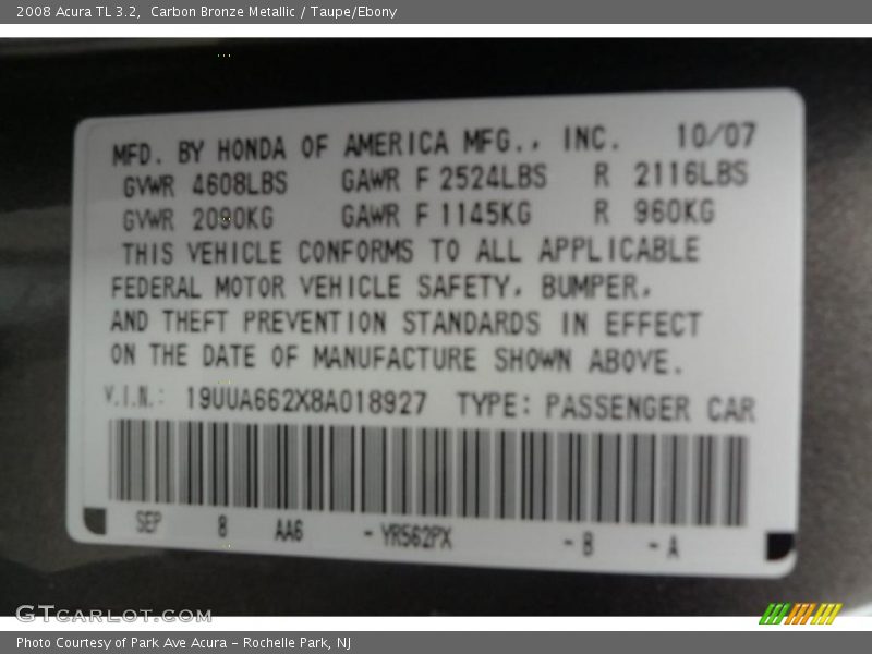 Carbon Bronze Metallic / Taupe/Ebony 2008 Acura TL 3.2