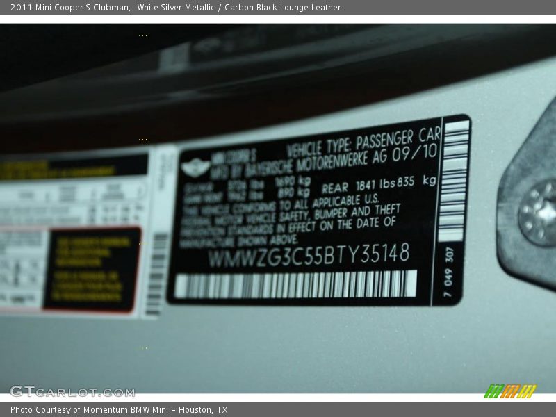 White Silver Metallic / Carbon Black Lounge Leather 2011 Mini Cooper S Clubman