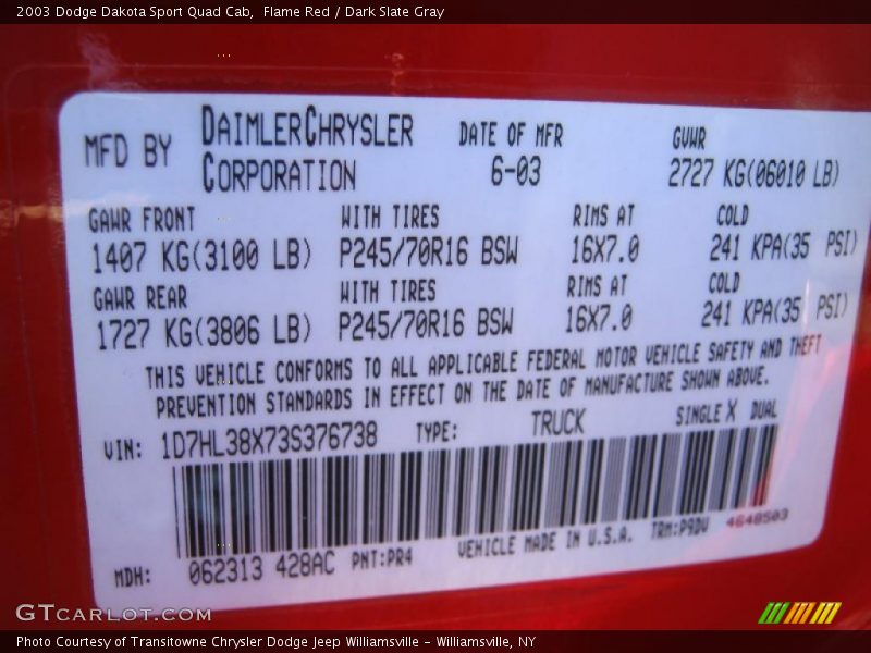 2003 Dakota Sport Quad Cab Flame Red Color Code PR4