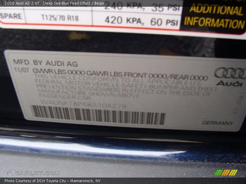 Deep Sea Blue Pearl Effect / Beige 2008 Audi A3 2.0T
