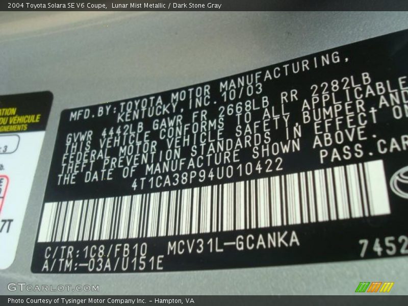 2004 Solara SE V6 Coupe Lunar Mist Metallic Color Code 1C8