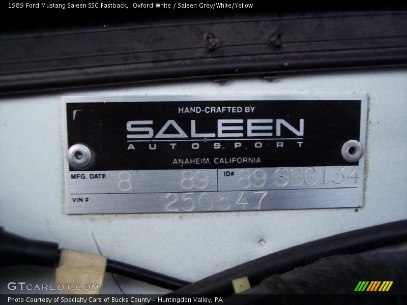 Info Tag of 1989 Mustang Saleen SSC Fastback